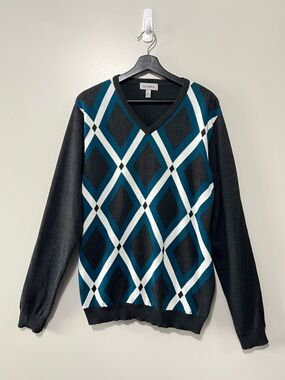 Le Chateau V-Neck Sweater Dark Grey, Teal & White Argyle Pattern Size Large